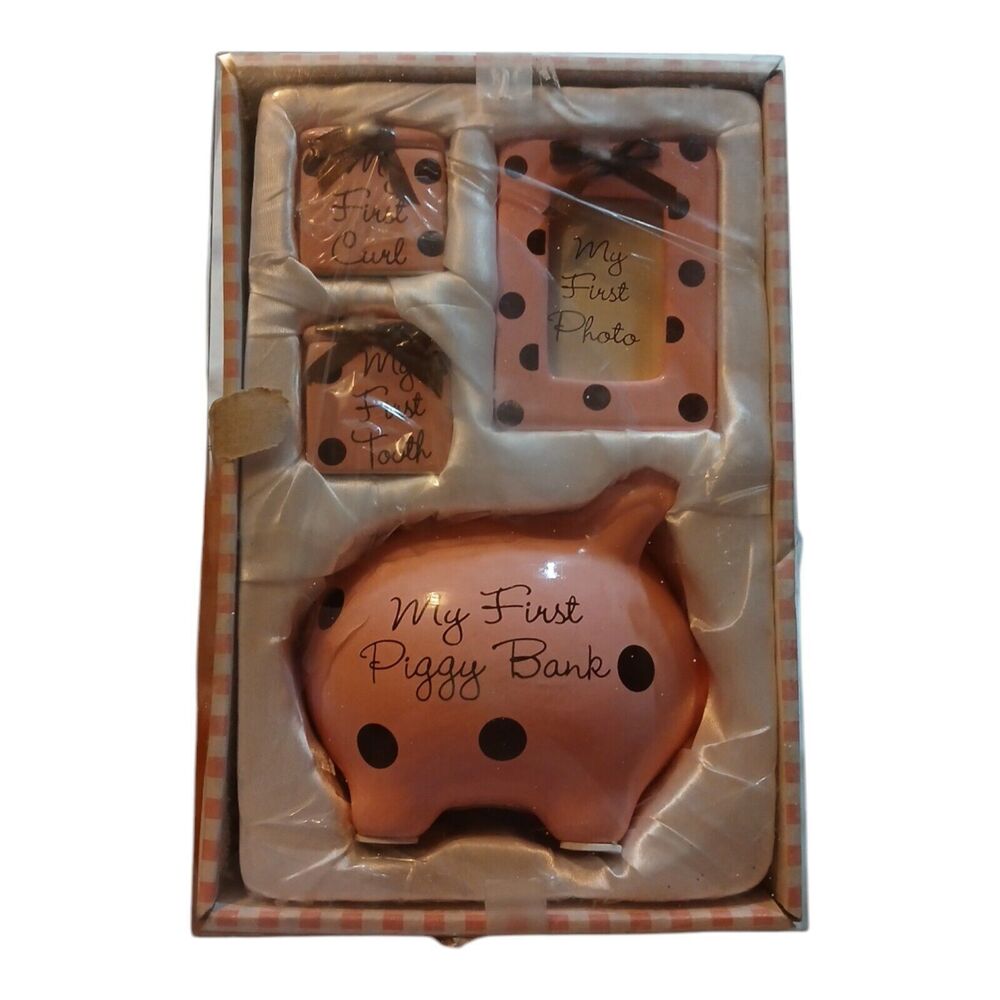 4 Piece Pink Baby Girl Gift Set - Piggy Bank, First Curl, First Tooth, Photo